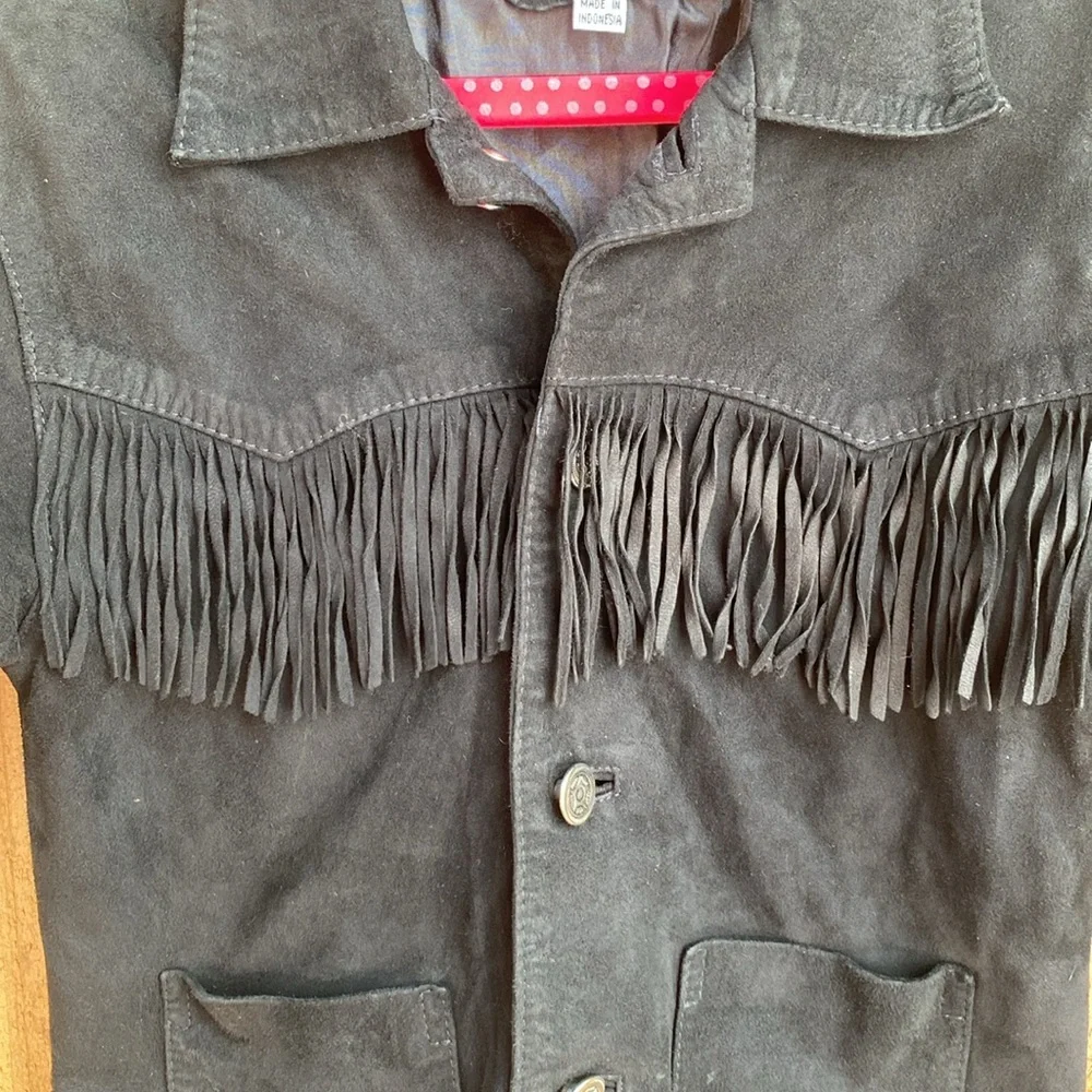 Girl Sz 5 Genuine Leather Suede Fringe Jacket Black Flowers by Zoe Rodeo Western